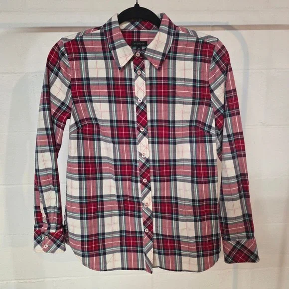 Talbots Women XS Plaid Button Up Shirt Long Sleeve Red Green Cream Gold Holiday - Picture 1 of 9